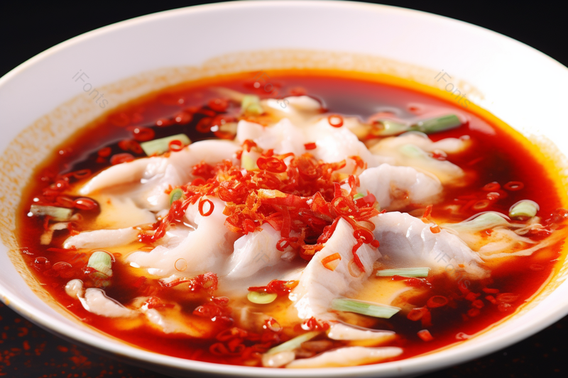 红色辣椒油碗里的鱼肉片,高清,摄影图,摄影图片,图片大全,摄影图免费下载